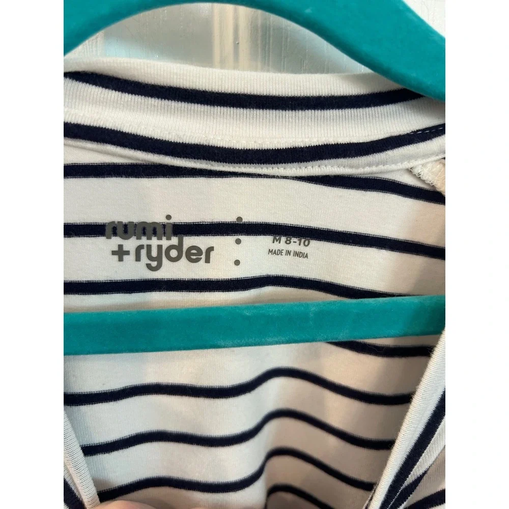 Rumi + Ryder Dress Navy White Striped Lace Heart Crochet Long Sleeve Kids M 8-10